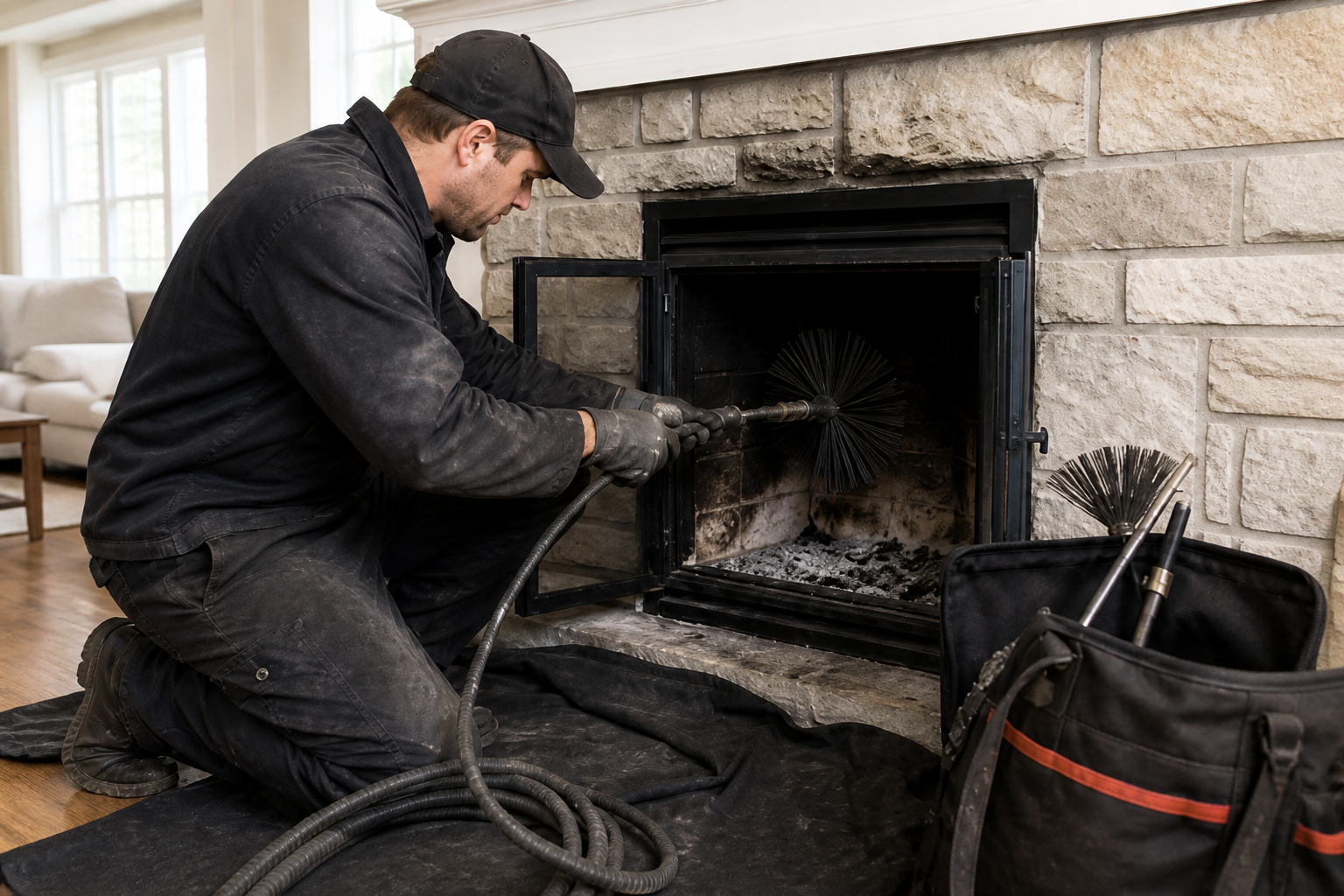 Chimney professional sweeping and cleaning a residential fireplace